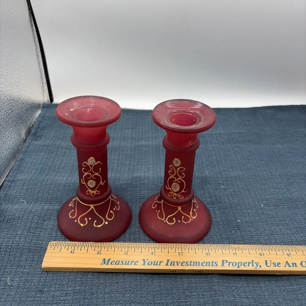 Two Vintage Gaomi Hand-Painted Pink Cranberry Glass Taper Candle Stick Holders